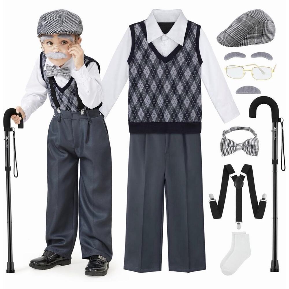FancyFun 9 Pc 100 Days School Old Man Costume Kids Grandpa Dress Up Set 5-7Y